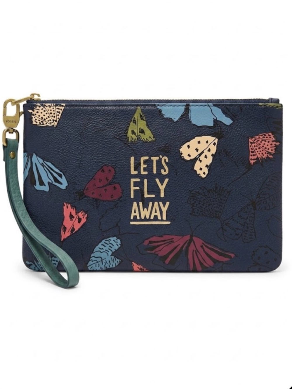 Fossil Let's Fly Away Navy Leather Butterfly Wristlet Pouch Clutch